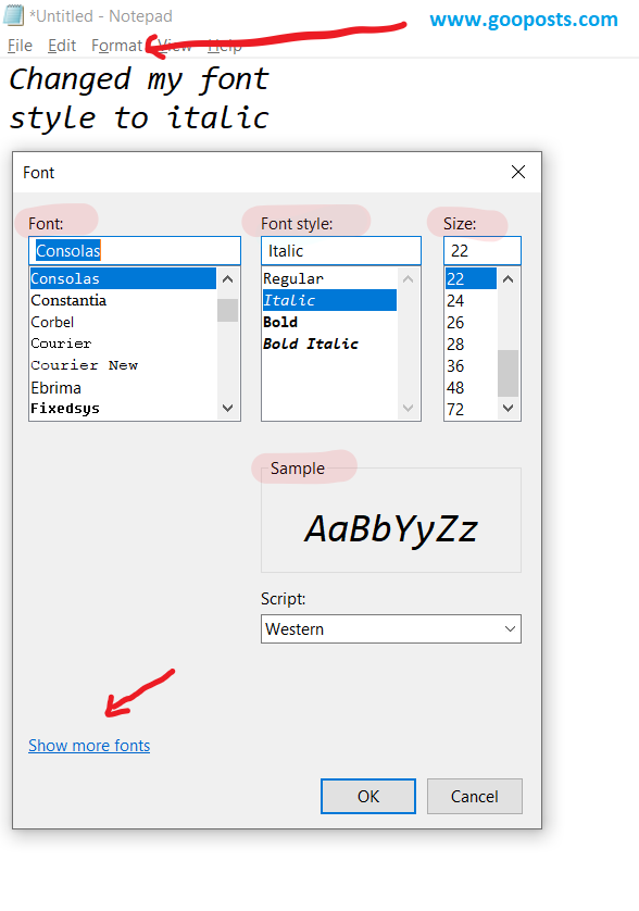 Goto Menu: Format -> Select Font Select Differnt Font & Font styles (Regular/Italic/Bold/Bold Italic) Check the Preview in Sample section: Click OK